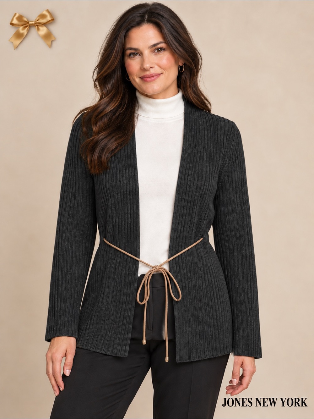 Jones New York 100% Merino Wool Cord Belt Cardigan L